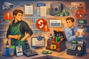 Employee theft prevention in a vape shop with surveillance cameras, secure POS system, inventory controls, and management oversight to reduce internal shrinkage