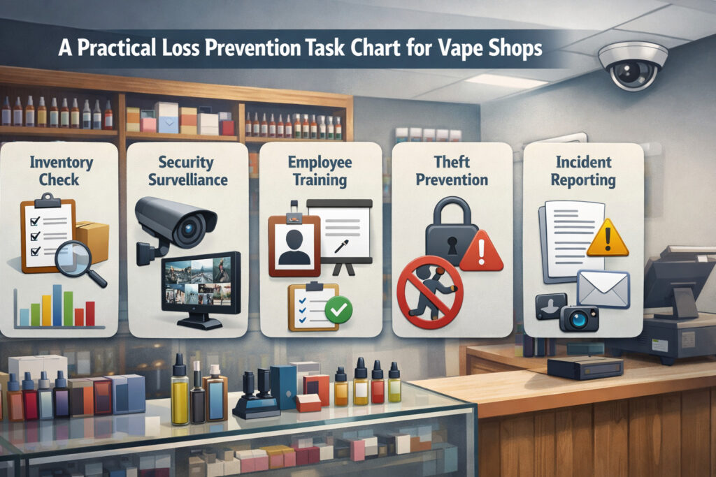 Illustration of a vape shop interior featuring shelves of vape products, a checkout counter, and visual icons representing inventory management, security monitoring, staff training, theft prevention, and incident reporting