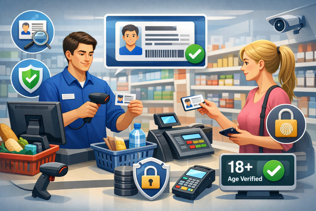 POS system scanning customer ID at retail checkout for age verification and secure transaction processing