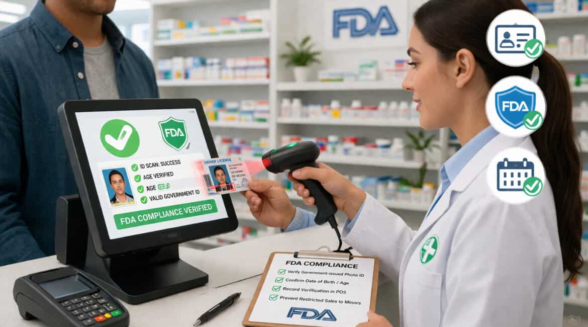 Illustration of retail POS system scanning customer ID to verify age and ensure FDA compliance with digital verification icons and secure transaction environment