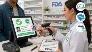 Illustration of retail POS system scanning customer ID to verify age and ensure FDA compliance with digital verification icons and secure transaction environment