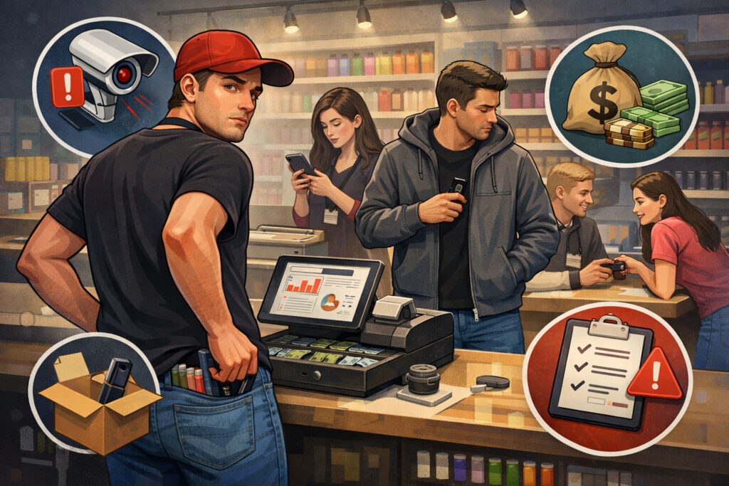 Illustration of vape shop employees engaging in internal theft, including pocketing vape products, mishandling cash at the register, and suspicious activity under security surveillance icons in a retail environment