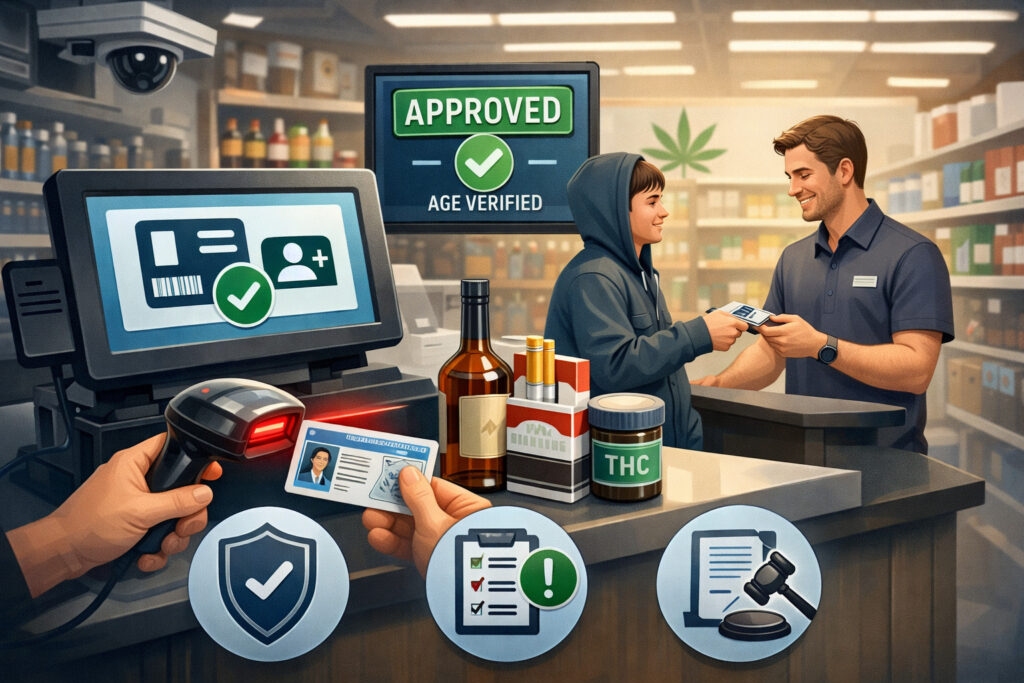 POS system scanning customer ID for age verification in a regulated retail store with compliance and security elements