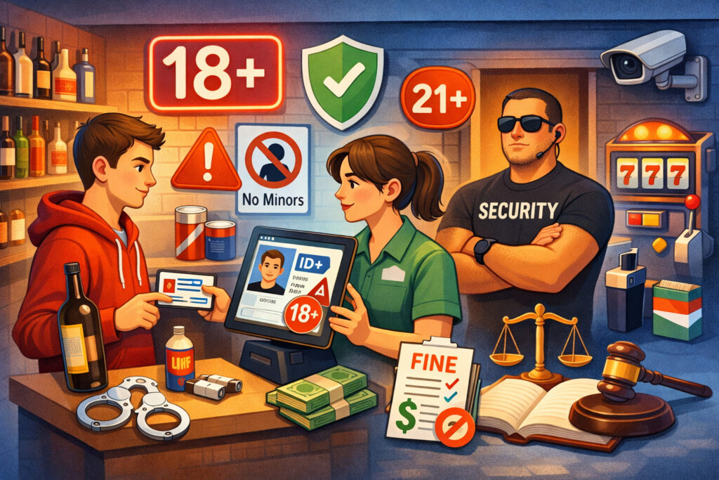 Age verification process in a regulated retail store with ID check, security monitoring, and compliance-related icons representing legal age restrictions and enforcement