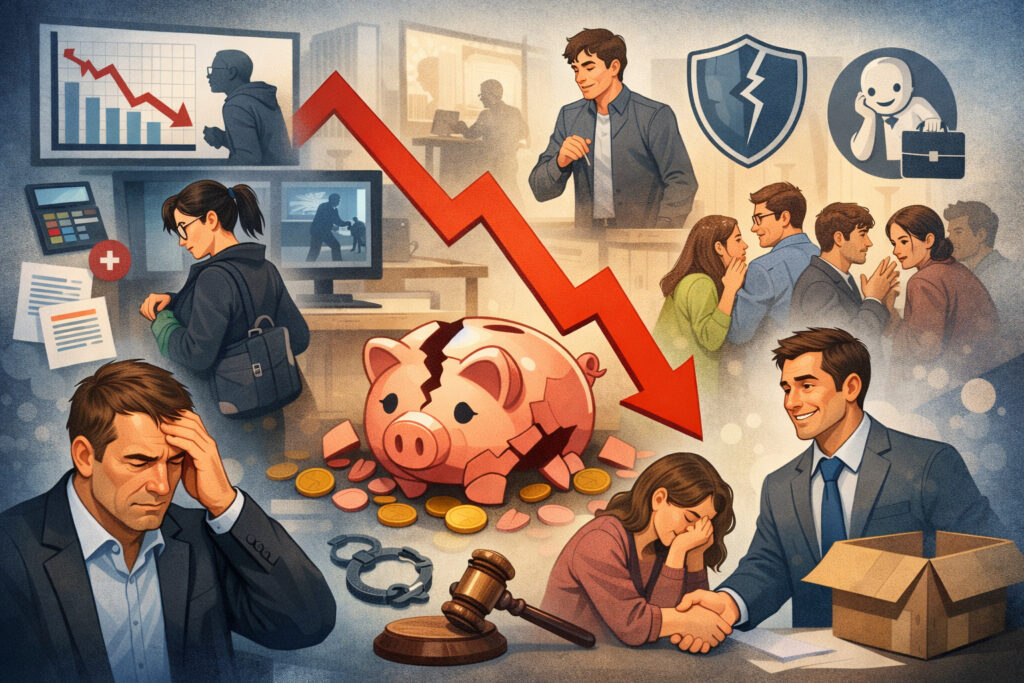 Illustration showing internal theft in a workplace, with a stressed business owner, declining financial chart, broken piggy bank, employee misconduct, and impacts on trust, morale, and legal consequences